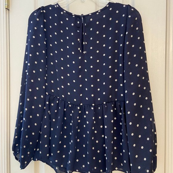 Navy & White Polka Dot Smocked Peplum Blouse - Picture 5 of 5
